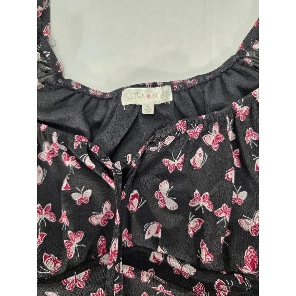 Ultra‎ Flirt Women's XS Bodycon Mini Dress Black Pink Butterfly Print Ruched XL